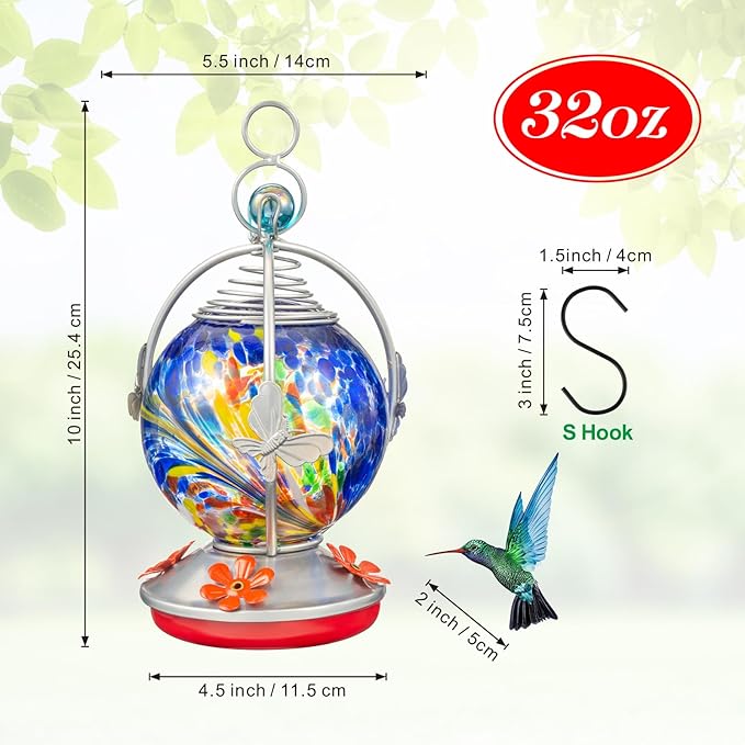 Backyard Expressions Glass Hummingbird Feeder - Purple - Hummingbird Feeders for Outdoors Hanging, Hand Blown Glass Hummingbird Feeder with Spiral Pattern