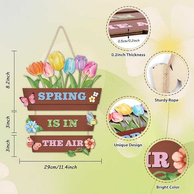HOURIA Spring Is In The Air Wooden Door Sign(12”x14”),Colorful Tulip Flower Butterfly Spring Wall Hanging Sign,Spring Decorations for Home Garden Porch