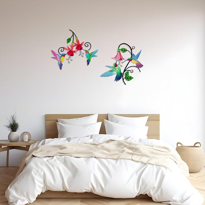2 Pack Metal Hummingbird & Flower Outdoor Wall Art Decor, Creative Wall Decor for Patio, Fence, Deck, Garden, Home, Kitchen, Balcony