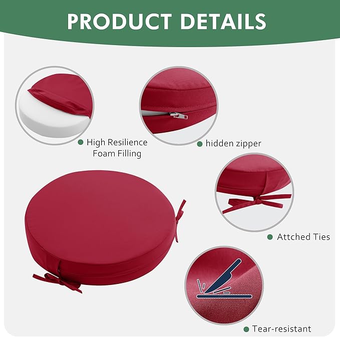 Outdoor Bistro Chair Cushions Set of 2, 15" D x 3" H Round Chair Cushions Waterproof and Fade Resistant Chair Cushion Pads with Non-Slip Ties and Removable Covers for Garden, Burgundy