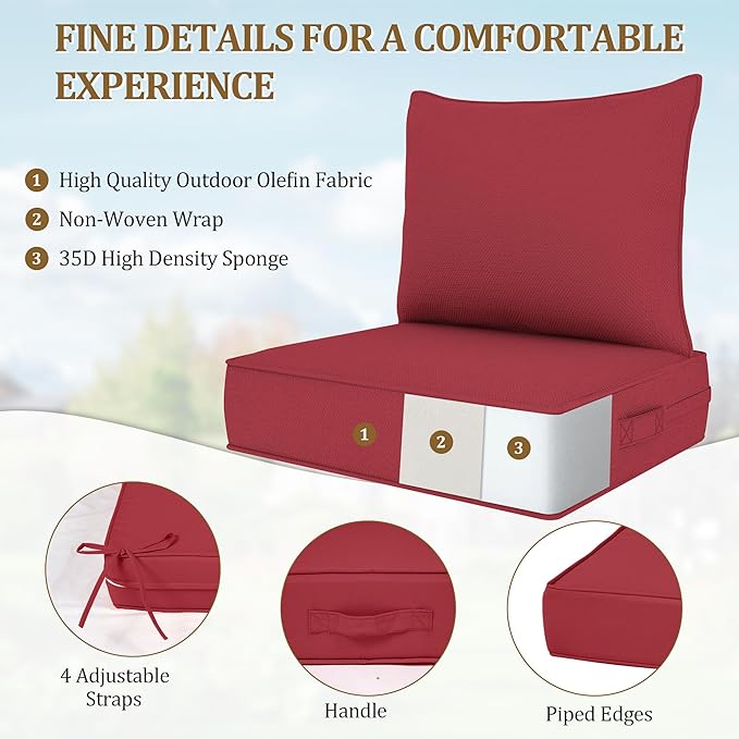 Outdoor Deep Seat Cushion Set, Fade Resistant Patio Chair Cushions, 24x24x6 Inch Patio Sofa Furniture Pad with Removable Cushion Covers (Burgundy, 24''Lx24''Wx6''H-2pcs Set)