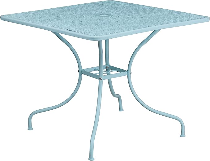 Flash Furniture Oia Commercial Grade 35.5" Square Sky Blue Indoor-Outdoor Steel Patio Table Set with 4 Round Back Chairs