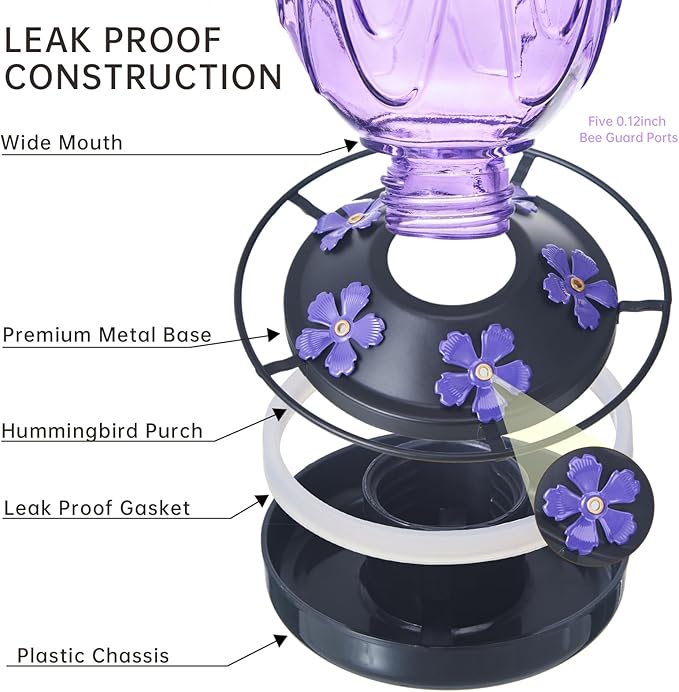 Glass Hummingbird Feeder for Outdoors Hanging,24Ozs Humming Bird Nectar Feeder w/Perch,5 Flower Feeding Ports,Leak Proof Base and Hook for Outside Garden Backyard Decor, Gifts for Women Mom,Purple