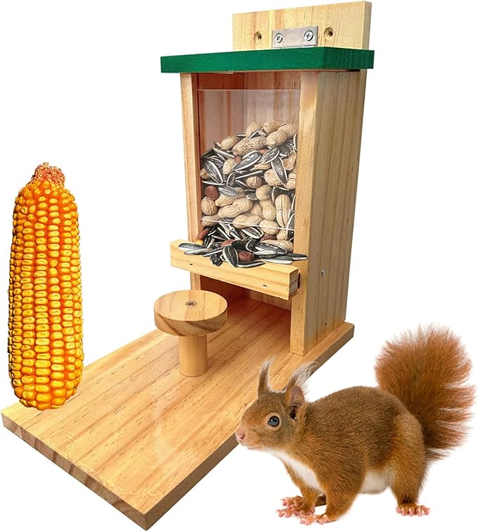 Wooden Squirrel Feeder, Squirrel Feeders for Outside with Corn Cob Holder and Round Stool, Wood Waterproof Picnic Table Funny Chipmunk House Nuts Bar for Backyard Garden Outdoor