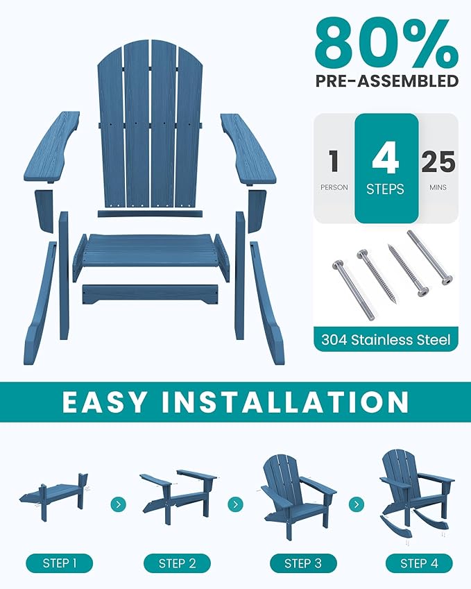 SERWALL Outdoor Adirondack Rocking Chair, All-Weather HDPE Adirondack Rocker Chair, Front Porch Rocker Chairs for Patio Lawn Porch Deck, Navy