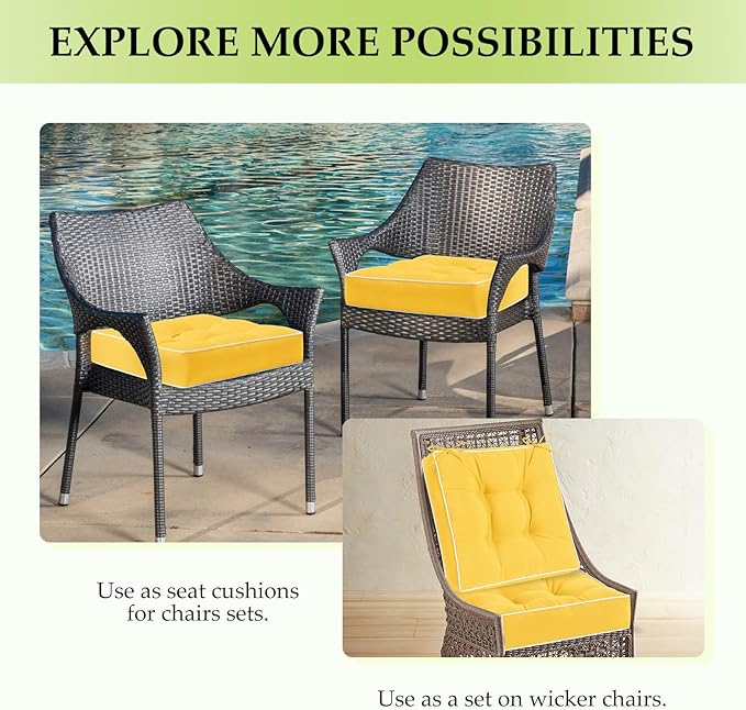 HARBOREST Outdoor Chair Cushions Set of 2, Tufted Patio Chair Cushions with Ties, Square Corner Outdoor Cushions for Patio Furniture, Lawn Chairs, Wicker Chairs, 19" x 19" x 5", Yellow