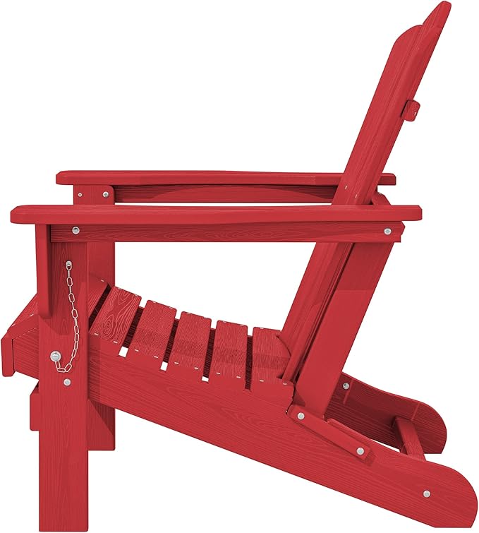 KINGYES Folding Adirondack Chair, HDPE All-Weather Patio Chairs, Wooden Textured Lawn Chair for Poolside, Backyard, Deck, Fire Pit, Light Red
