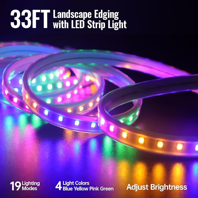 Landscape Edging with Solar String Lights, 33FT, 2in Depth, Metal Stakes & Light Remote, No-Dig Garden Edging with Timer & 19 Light Modes Landscape Border for Curved Straight Beds, Black