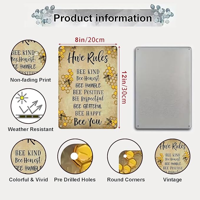 Vintage Hive Rules Metal Tin Sign "BEE KIND BEE HUMBLE Bee POSITIVE BEE Bee Respectful BEE GRATEFUL BEE HAPPY Bee You" Retro Wall Decor for Home Cabin Yard Backyard Decorations (8x12 Inch)