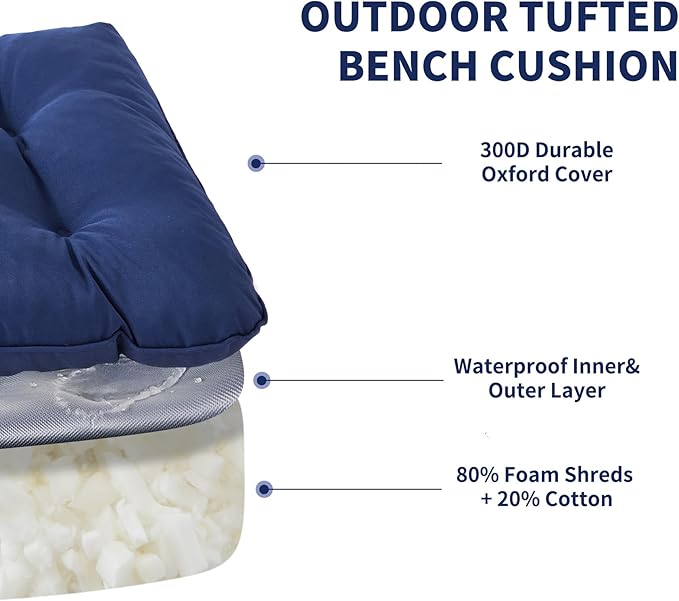 Outdoor Bench Cushion, 48x18x5 Inch, Waterproof Bench Cushion for Outdoor/Indoor Furniture, Tufted Patio Bench Seat Cushion, Fade Resistant Outdoor Cushions for Porch Swing Couch, Navy Blue