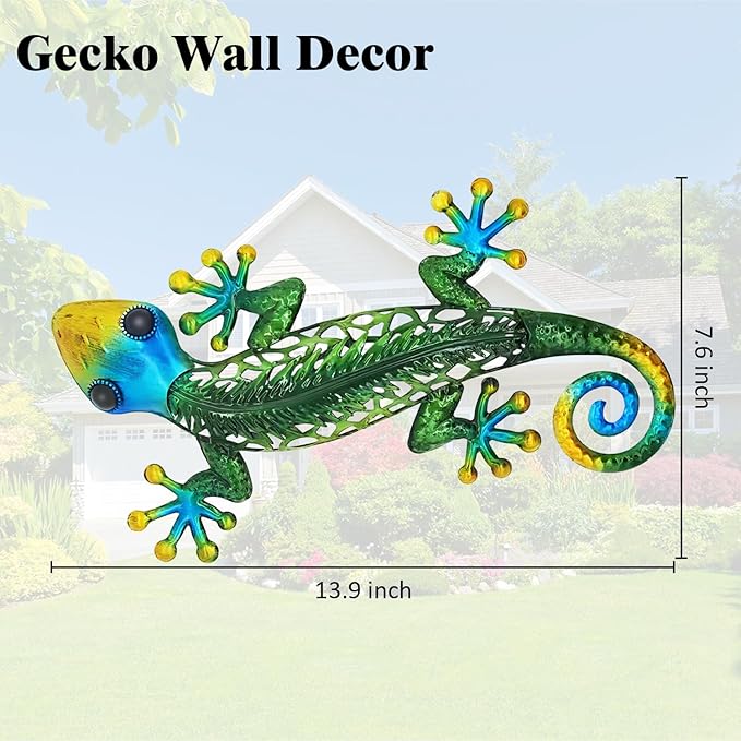 POXOHO Metal Gecko Wall Decor - Durable Outdoor Lizard Wall Art for Garden, Patio, Yard | Handcrafted Steel Lizard Sculpture with Rust-Resistant Coating | 3D Textured Reptile Decor (14 Inch)