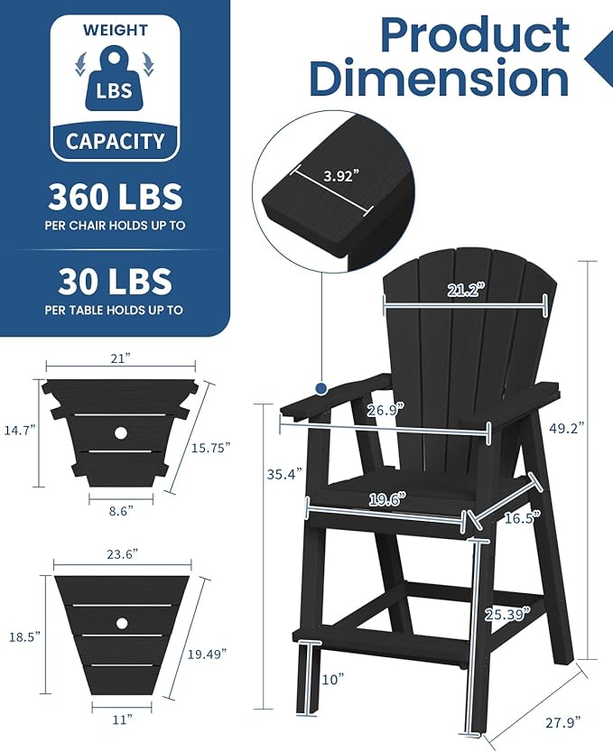 Ciokea Tall Adirondack Chairs Set of 2, HDPE Outdoor Adirondack Bar Stools with Double Connecting Tray, Weather Resistant High Back Adirondack Balcony Chairs for Deck, Lawn, Pool, Backyard, Black