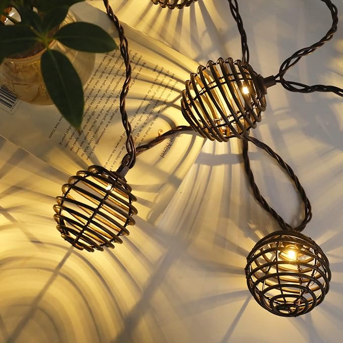 Vigdur Rattan Ball String Lights, Brown Plug in Decorative Lights with 10 Rattan Bulbs, Connectable Patio String Lights for Home, Garden, Backyard & Cottagecore Decor(9.84FT)