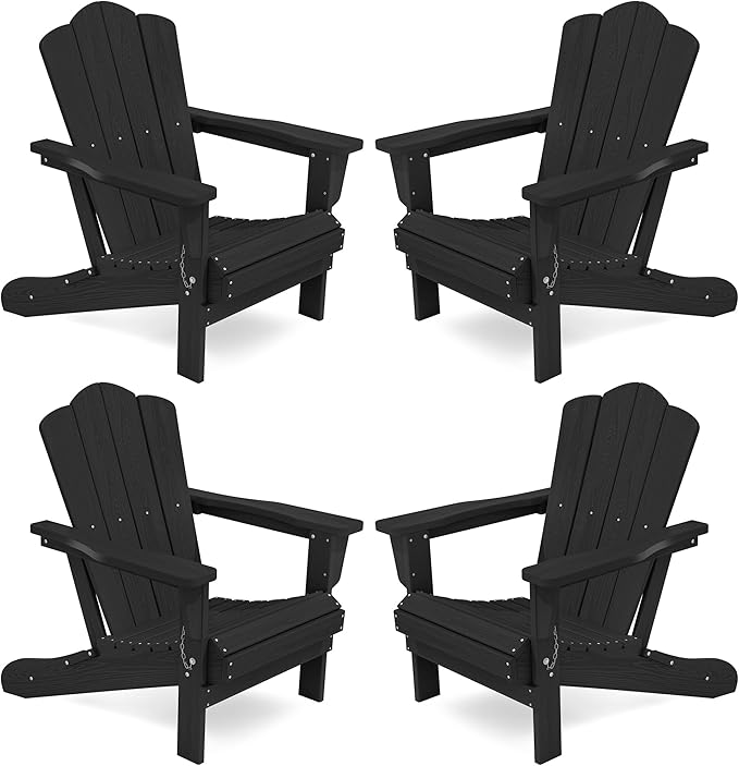 KINGYES Folding Adirondack Chair Set of 4, HDPE All-Weather Patio Chairs, Wooden Textured Lawn Chair for Poolside, Backyard, Deck, Fire Pit, Black
