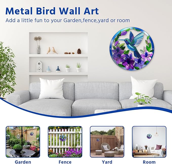 Metal Hummingbird Wall Art Decor- Outdoor Wall Art for Patio, Garden and Fence Decorations, Bird Wall Silhouette Indoor and Outdoor Hanging