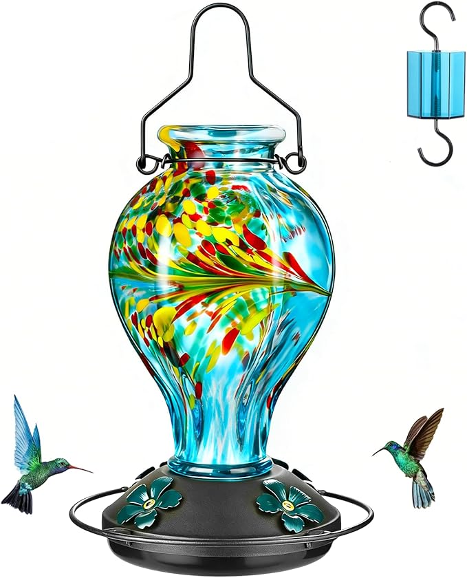 Hand Blown Glass Hummingbird Feeders for Outdoors Hanging, 24oz Wild Bird Nectar Feeder with Ant Moat and Perch, Bee-Resistant Ports, Garden Decor, Gifts for Women Mom, 1 Pack, Blue Phoenix