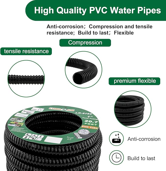 LONGRUN Pond Tubing 1 Inch Diameter, 20.7 Feet Long Corrugated Flexible Hose Pipe with Clamps Pipe Fittings, Pool PVC Tube for Garden Ponds Waterfalls Camping Caravans Filters Drainage Marine