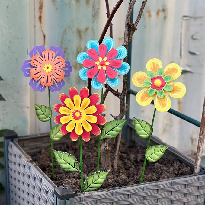 Metal Flowers for Outside,4 Pack 16.33" Decorative Garden Stakes with Swaying Flowers Head Yard Art,Spring Garden Decor for Lawn, Pathway & Yard