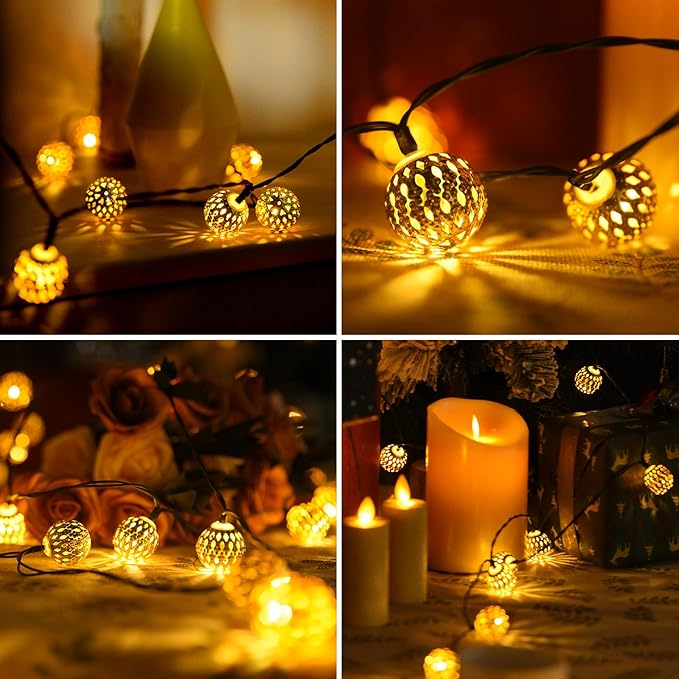 Solar String Lights Outdoor 20FT 30LED Globe String Lights with 8 Modes,Solar Fairy Lights Outdoor Waterproof Moroccan Fairy Lights Solar for Garden Patio Wedding Christmas Decor，Warm White