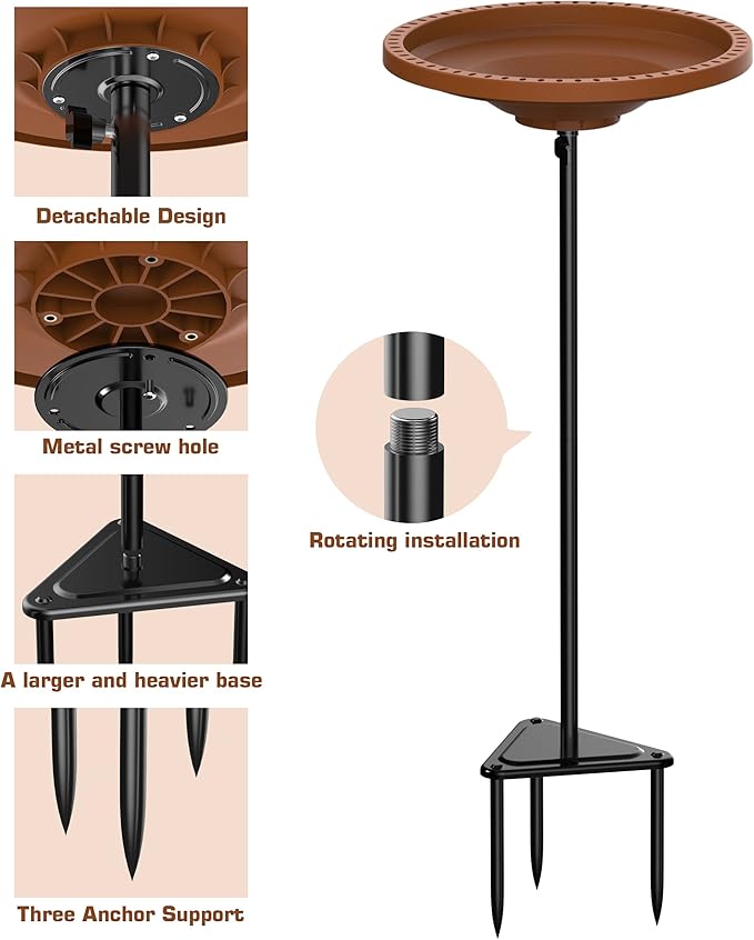 Bird Baths for Outdoors, Detachable Birdbaths for The Garden Clearance, Freestanding Bird Baths for Outdoors Heavy Duty, Bird Bath Bowl Spa & Birdfeeder with Metal Stake Stand, Circle Shape (Brown)