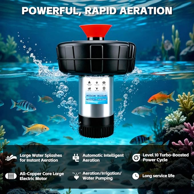 RAMATA Pond Fountain Aerator 1HP 750W 110V/15000 GPH Floating Fountain Pump, 120FT Power Cord, Multifunctional time Controller, Stainless Steel Body, Aerator Pump for Small & Large Ponds and Lakes