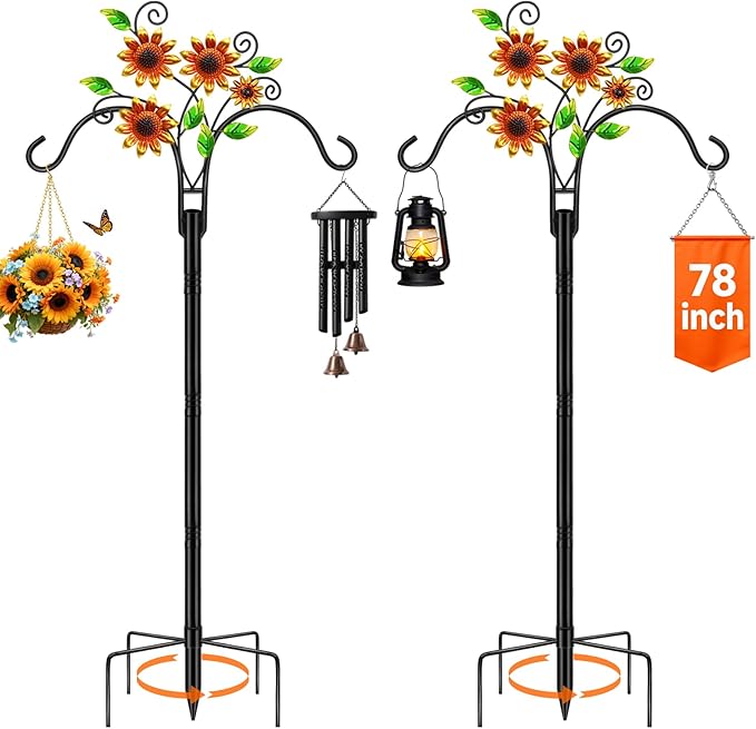 Double Shepherds Hooks for Outdoor, 2 Pack 78 Inch Bird Feeder Pole with 5 Prongs Base, Adjustable Heavy Duty Plant Hangers Sunflower Art for Outdoor Plants Hummingbird Feeder Hanging Basket Lantern