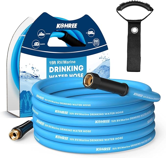 Kohree 5/8" x 15 Ft RV Water Hose, Premium Drinking Water Hose with No-Kink Design, Leak Free, Lightweight, Short Garden Hose 15 ft with Strap, Ideal RV Accessories for RV, Camper, Garden - Blue