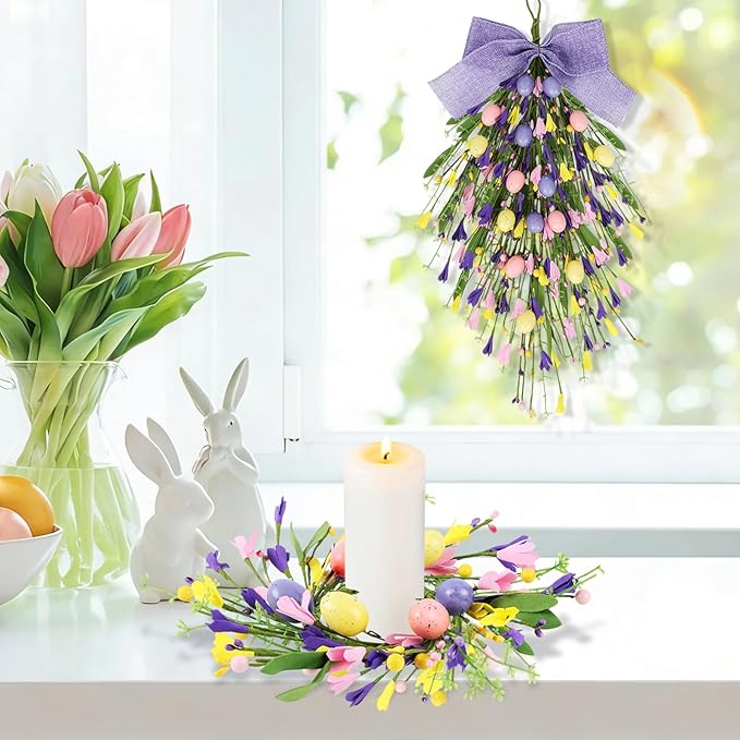 2 Pack 24'' Easter Teardrop Swags for Front Door Pastel Easter Eggs Teardrop Wreath Artificial Spring Floral Hanging Swags with Ribbon Berry for Farmhouse Home Outdoor Window Cabinet Wall Decor
