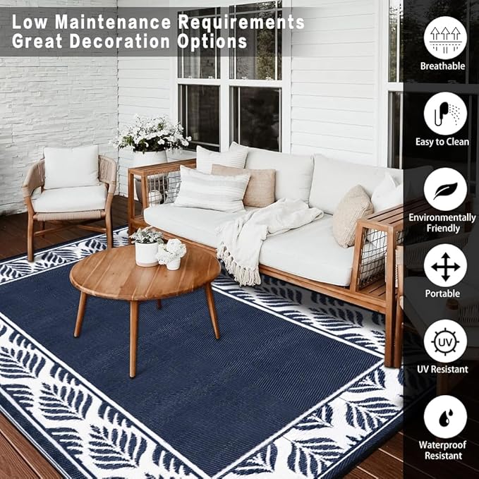 HUGEAR Outdoor Plastic Straw Rug, Waterproof Mat, Washable Large Floor Mat and Rug for Outdoors, RV, Beach, Patio, Camping, Backyard, Deck, Picnic, Outside (6x9ft,Olive-Leaf/Dark Blue&White)