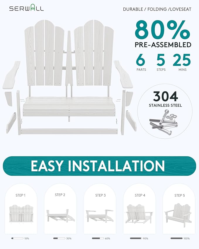SERWALL 3 Pieces Patio Adirondack Bench Set, 2 Folding Adirondack Bench & 1 Coffee Table with Umbrella Hole Set for Front Porch Garden Balcony Backyard, White