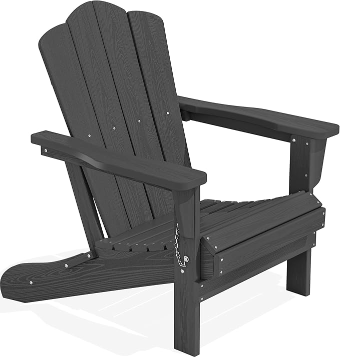 KINGYES Folding Adirondack Chair, HDPE All-Weather Patio Chairs, Wooden Textured Lawn Chair for Poolside, Backyard, Deck, Fire Pit, Grey