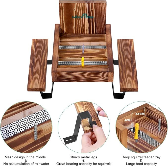 MIXXIDEA Squirrel Feeder Table, Wooden Squirrel Picnic tbale Feeder, Sturdy Squirrel Feeders for Outside with Solid Structure Chipmunk Feeder with Corn Cob Holder