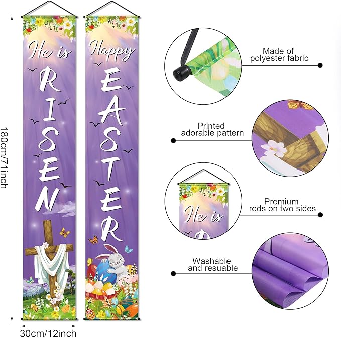 Happy Easter He Is Risen Porch Sign Banner Happy Easter Door Banners Hanging Decorations for Home Outdoor Indoor Wall Front Door Decor, 2 Pcs