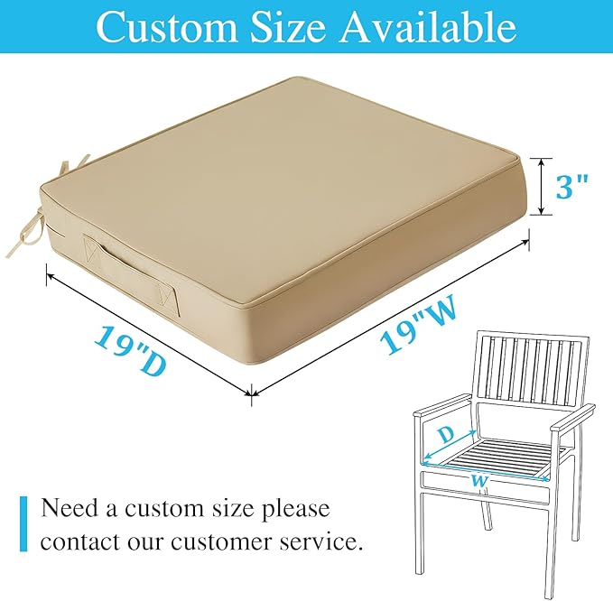 Amagenix Outdoor Chair Cushions Set of 2, 19"x19"x3" Waterproof Outdoor Seat Cushions for Patio Furniture, Stripe Reversible Patio Cushions with Ties & Handle & Hidden Zipper, Fade-Resistant,Beige