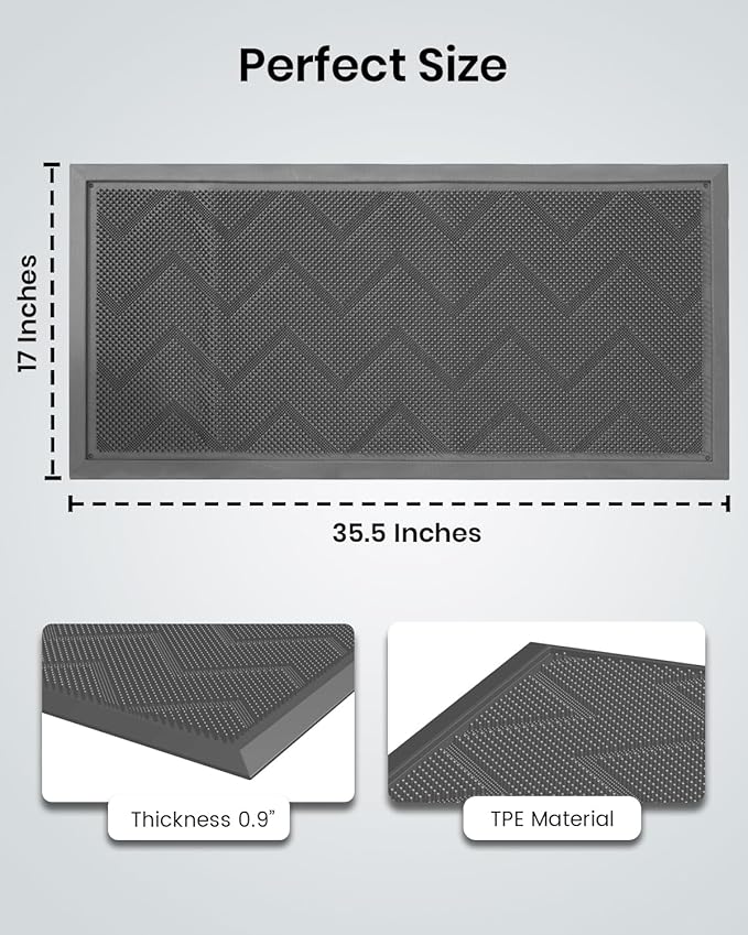 Long Front Door Mat for Outside Entrance 35.5"x17" – Anti-Slip Dirt-Trapping Waterproof Rubber Indoor & Outdoor Mat with Textured Surface for Entryway - Heavy Duty All Weather Doormat – Grey