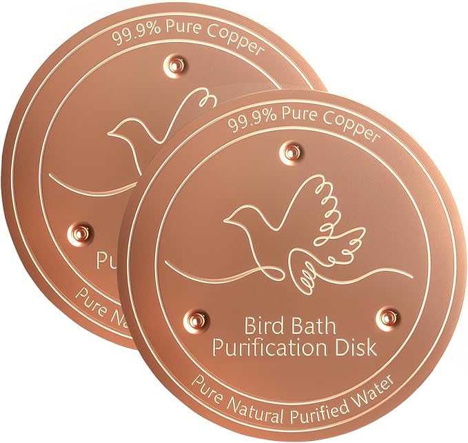 2Pcs Bird Bath Purification Disk, 99% Pure Copper 0.6mm Thickness Birdbath Copper Disk with Triple-Point Support for Clean Water, Year-Round-Use, 4 in Disk for All Outdoor Birdbath&Bowls