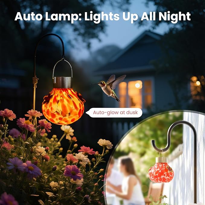 Hummingbird Feeder with Solar Light, Glass Hummingbird Feeder for Outdoors, Auto-Lighting Solar Light for Garden Decor, 3 Ports Attract More Birds, Waterproof Lamp, Ideal Gift, Red