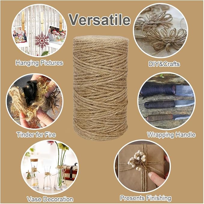 Leecogo 2mm Jute Twine 300 Feet 3Ply Twisted Heavy Duty Brown Twine String Ribbon for Arts Crafts DIY Project Gardening Packing Materials