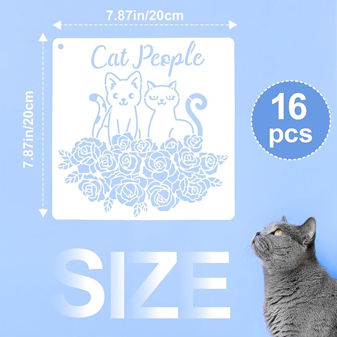 16 PCS Cat Stencils for Painting, Stencils for Crafts Reusable 8 x 8 Inch Quote Kitty Templates for Wood Signs Walls Canvas and Gifts for Cat Lovers
