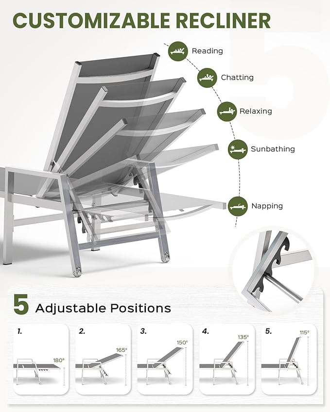 Patio Chaise Lounge Chair Outdoor with Wheels&Armrests, Aluminum Pool Lounge Chairs Set of 2 Five-Position Adjustable Recliner, Outdoor Beach Lounge Chairs for Poolside, Lawn, Deck, Yard, Dark Gray