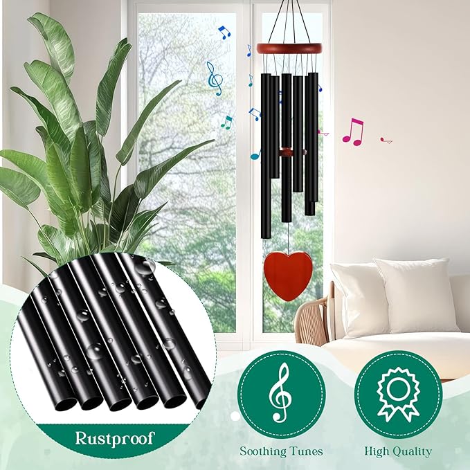 Leinuosen Wind Chimes for Outside Wind Chimes Outdoors Deep Tones 28" with 6 Aluminum Tubes Memorial Sympathy Windchime for Valentine Tree Decor Garden Courtyard Mom Loved One Gifts(Heart,Black)