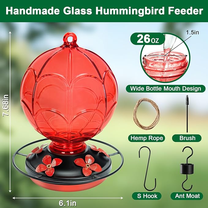 26 OZ Glass Hummingbird Feeder for Outdoors Hanging - Hand-Blown Hot Air Balloon Design - Leak-Proof & Ant Moat - Garden Decor Gift for Mom, Red
