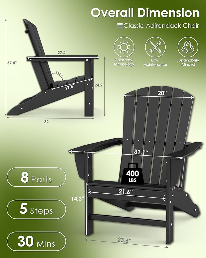 GREENVINES Adirondack Chairs Set of 2 | HDPE Plastic | Oversized Fire Pit Chair | All Weather | Black | Poly Lumber | for Outdoor Deck Backyard Patio Garden