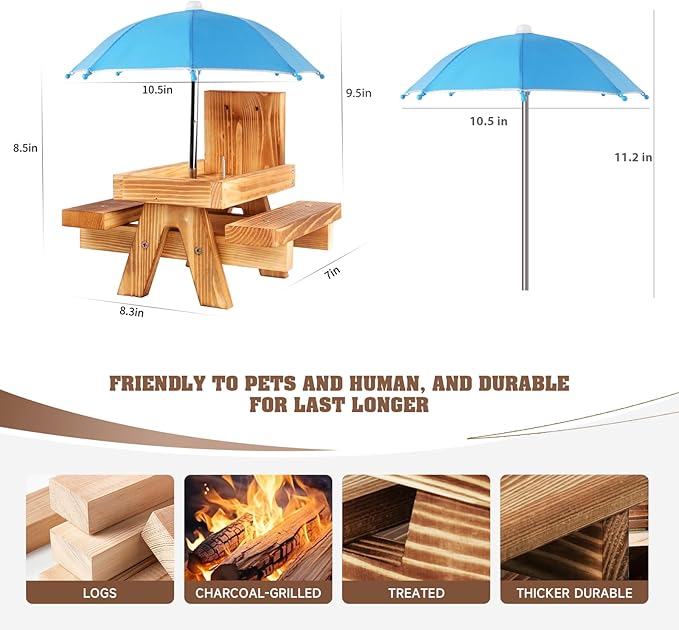 Gnodary Squirrel Feeder with Umbrella, Squirrel Feeders for Outside, Squirrel Picnic Table Feeder - Chipmunk Feeder Hold Corn, Corn Cob, Peanuts (Light-Blue)