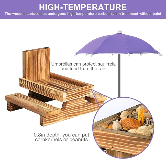 Gnodary Squirrel Feeder with Umbrella, Squirrel Feeders for Outside, Squirrel Picnic Table Feeder - Chipmunk Feeder Hold Corn, Corn Cob, Peanuts Style2 (Purple)