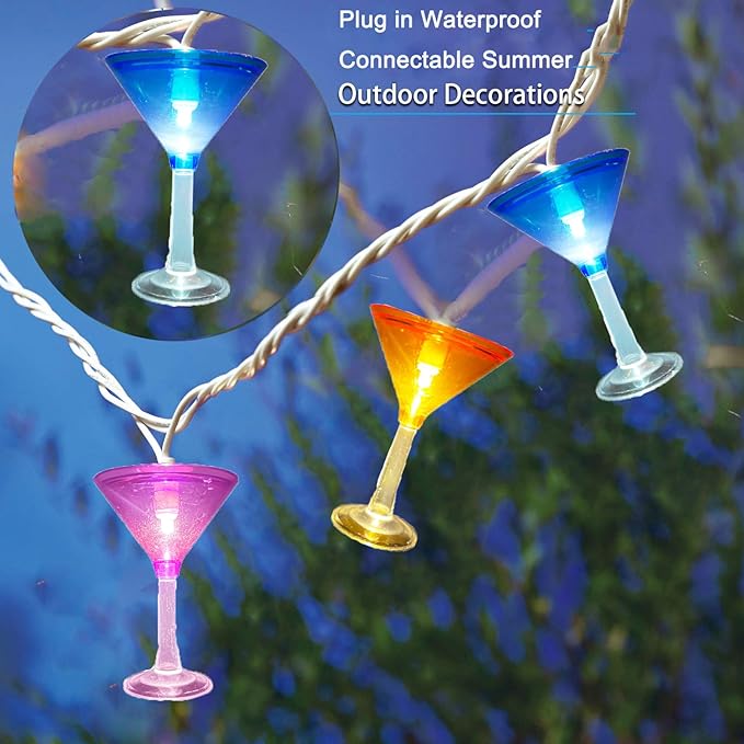Multicolor Cocktail String Lights, 8.5Ft Cocktail Plug in Outdoor Party Lights with 10 LED Multicolor Cocktail Lights, Summer Patio Decorations String Lights for Bedroom Home Decks Party Lighting