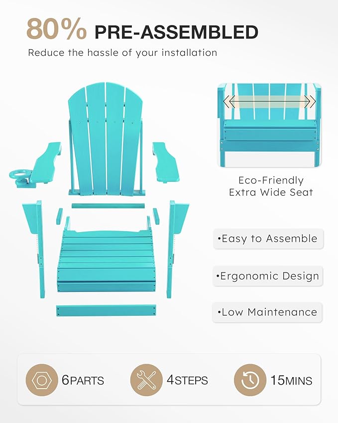 Folding Adirondack Chair Wood Texture, Patio Chairs Weather Resistant, Outdoor Chair, Lawn Chair with Cup Holder, Fire Pit Chair for Deck, Outdoor, Porch, Backyard