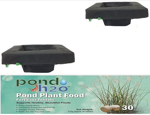 PondH2o Floating Aquatic Water Garden Pond Plant or Flower Fabric Planter Baskets with Plant Food, 14" Square Floatable Aquatic Water Garden Pond Plant Islands for Ponds | Value 2 Pack