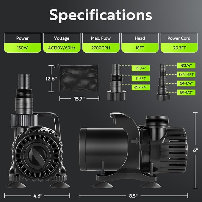 2700GPH Submersible Pond Pump, 150W Waterfall & Fountain Pump with Adjustable Flow Control, 0–180° Rotatable Outlet, Filter Bag, IPX8, 20.3ft Cord for Koi Ponds & Garden Ponds, UL listed