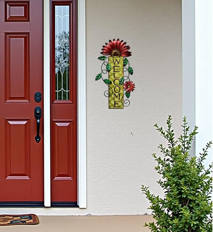 Door Decoration Metal Flower Welcome Sign Wall Hanging Decorations for Spring Summer Front Porch Door Hanger Rustic Home Indoor Outdoor Decor